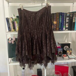 Simon Chang Handkerchief Hem brown lace skirt